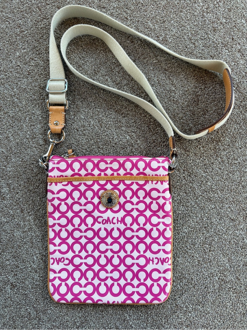 Coach Pink Signature Crossbody with Cream Canvas Strap
